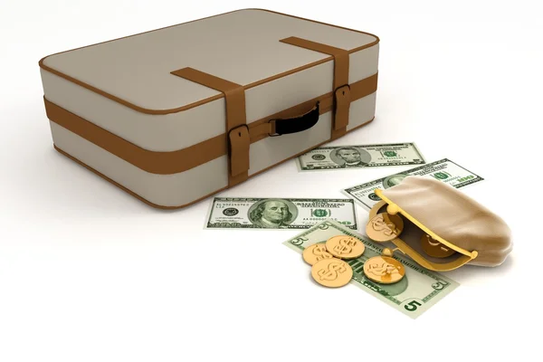 Koffer en open tas met geld — Stockfoto