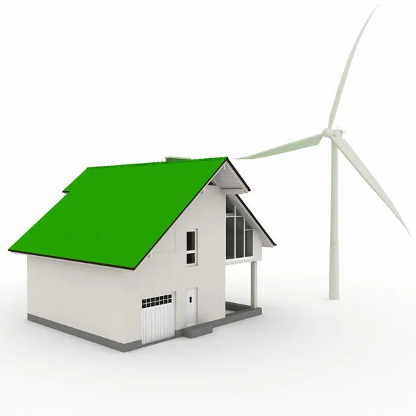 Eco casa con turbina eólica, respetuoso con el medio ambiente — Foto de Stock