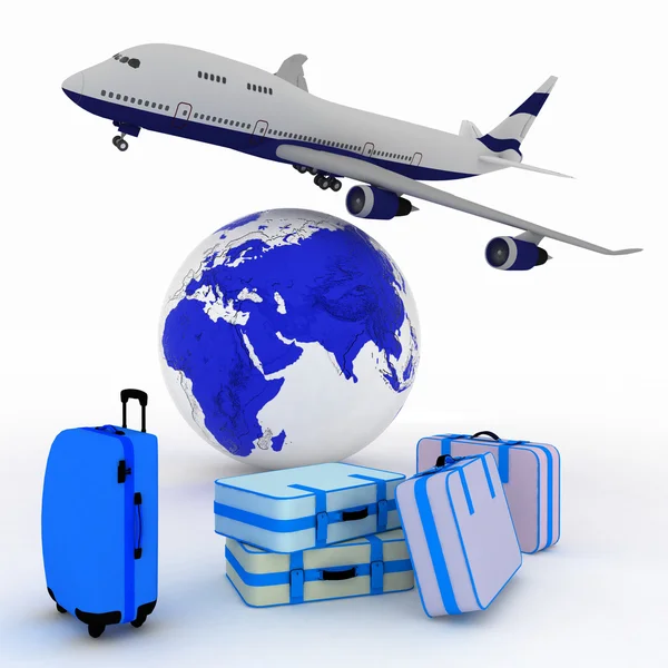 Airliner and suitcases with a globe in the background — Stock Photo, Image