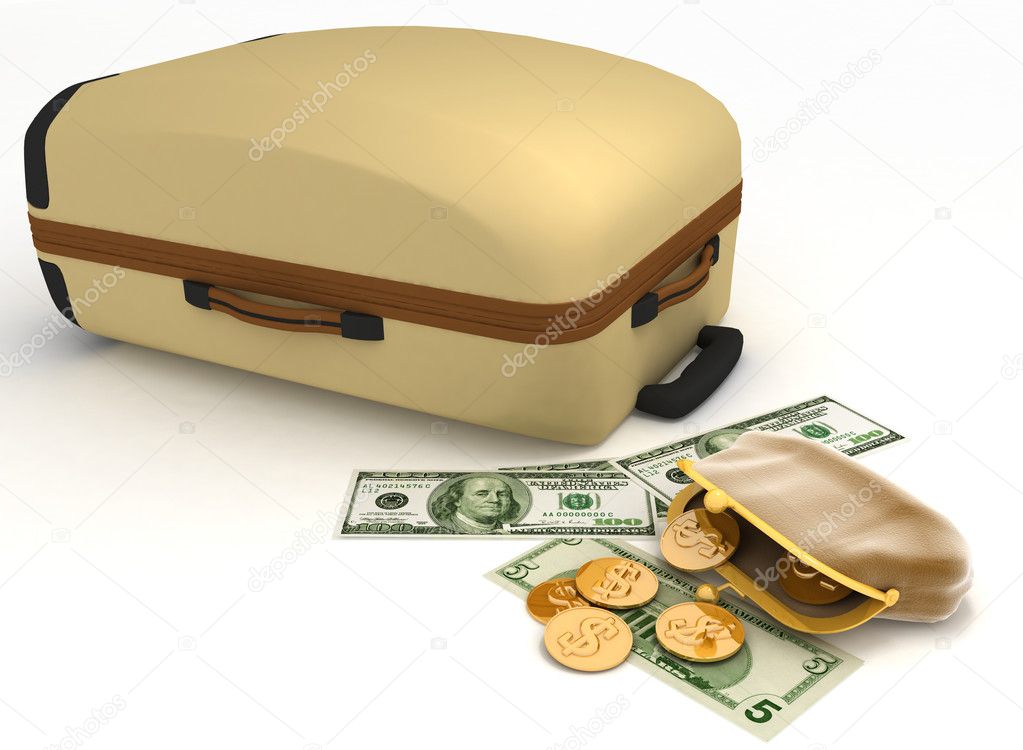 Suitcase and open purse with money on white