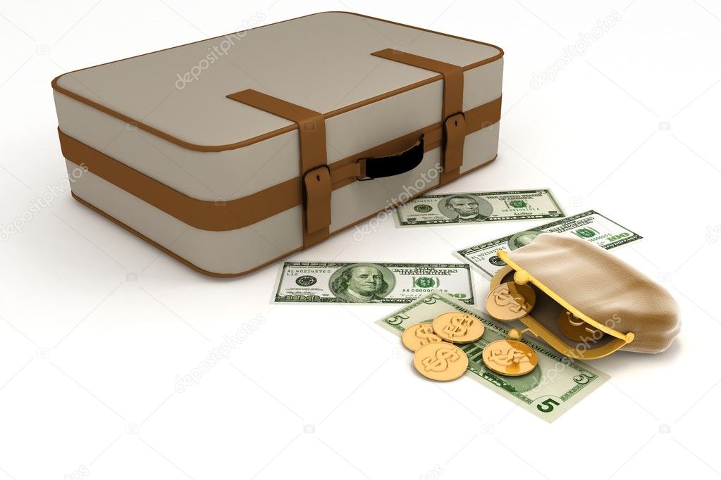 Suitcase and open purse with money