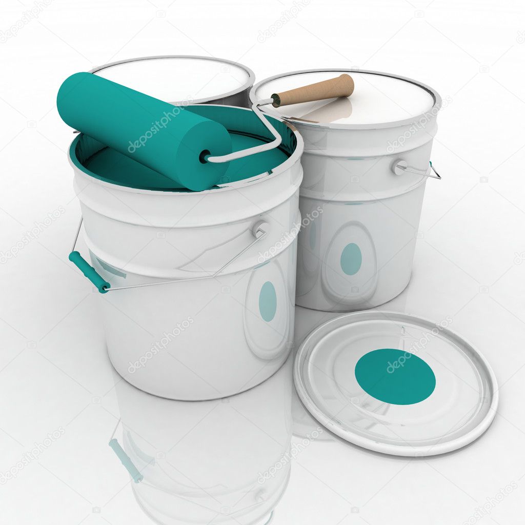 Open bucket with blue paint and roller