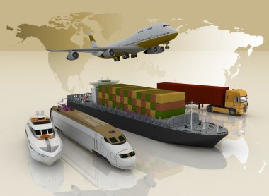Types of transport on a background map of the world clipart