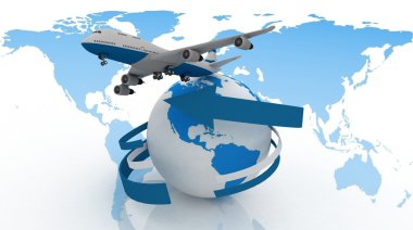 Passenger jet airplane travels around the world clipart