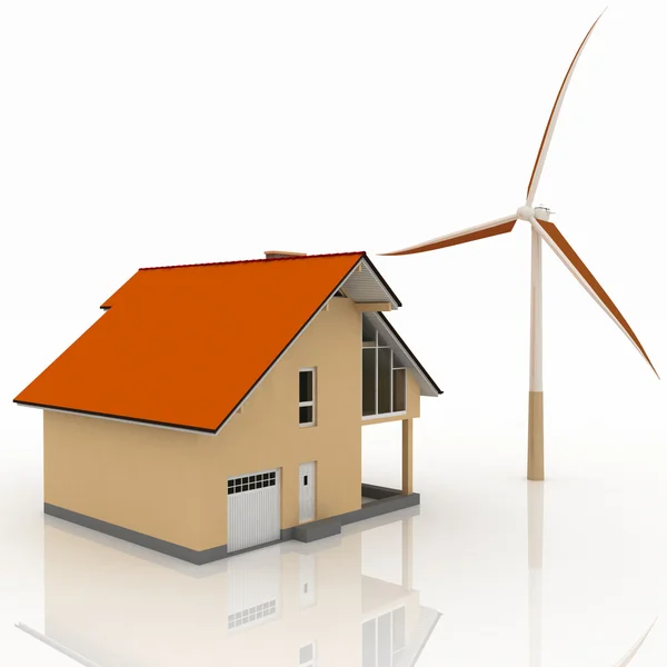 Ökohaus mit Windkraftanlage, umweltfreundlich — Stockfoto