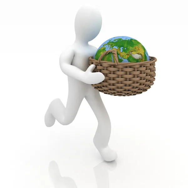Man carries a basket with a globe — Stock Photo, Image