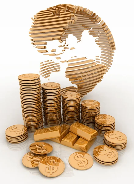 Złoty Glob z wielu złotych monet i sztabek — Zdjęcie stockowe
