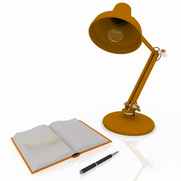 Buch mit Lampe und Brille auf weißem Hintergrund — Stockfoto