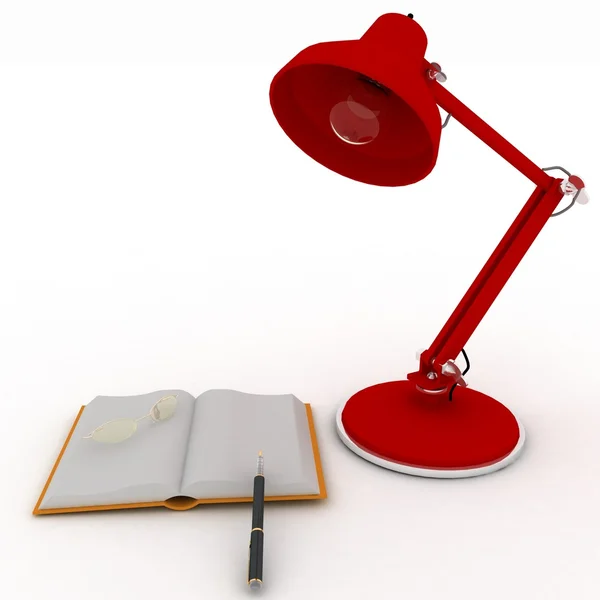 Books with a lamp and glasses on white background — Stock Photo, Image