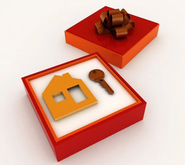 Kunci dan simbol rumah dalam kotak hadiah merah — Stok Foto