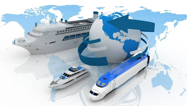 Marine Liner, Yacht und Zug auf einer Hintergrundkarte — Stockfoto