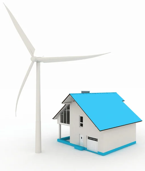 Eco casa con turbina eólica, respetuoso con el medio ambiente — Foto de Stock