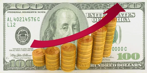 Diagram of golden coins with a arrow on a dollar background — Stock Photo, Image