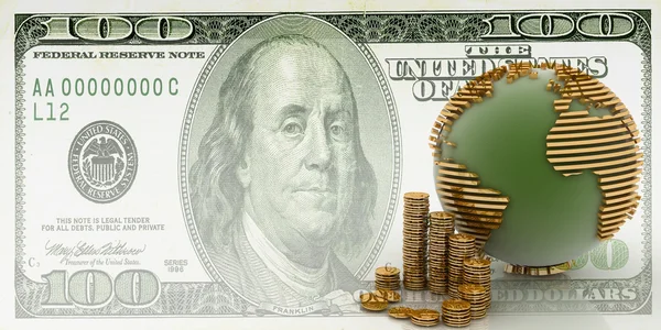Zeměkoule s zlatých mincí na pozadí dolar — Stock fotografie