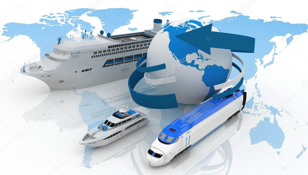 Marine liner, yacht and train on a background map