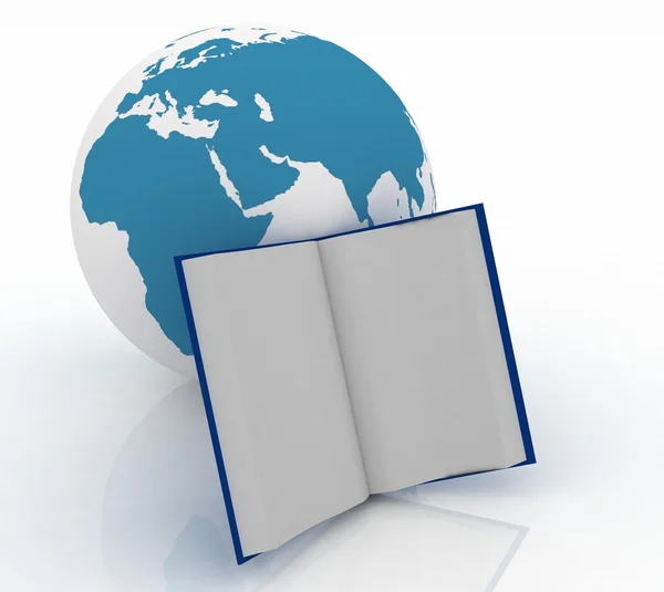 Globus mit dem aufgeschlagenen Buch auf weißem Hintergrund — Stockfoto