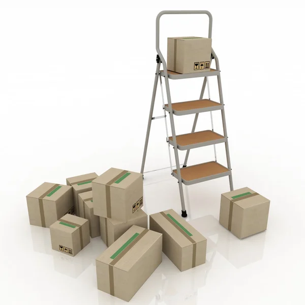 Kartonnen dozen en ladder op witte achtergrond — Stockfoto