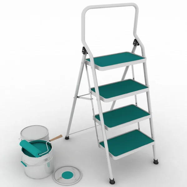 Stepladder with jars from under a blue paint — Stock Photo, Image