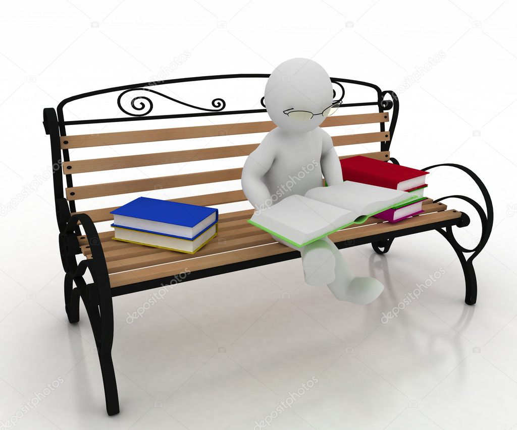 Man spectacled sits on a bench and reads a book