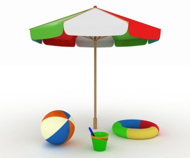 Child's toys for a beach under an umbrella clipart