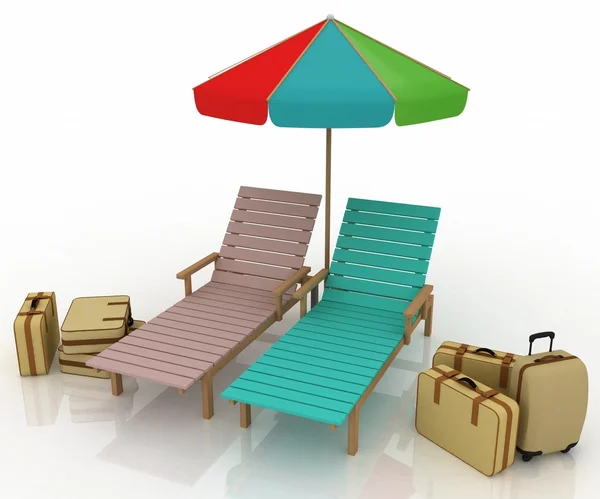 Två deckchairs under ett paraply med bagage — Stockfoto