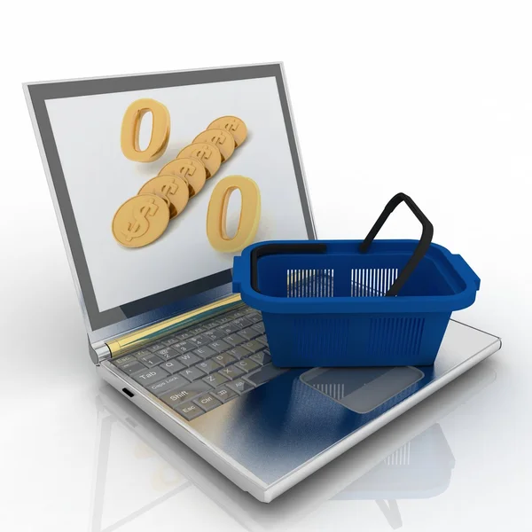 Shopping- basket and laptop isolated — Stock Photo, Image