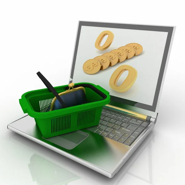 Shopping- basket and laptop isolated — Stock Photo, Image
