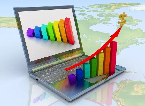 Laptop z wykresu na wykres monitora i biznes — Zdjęcie stockowe