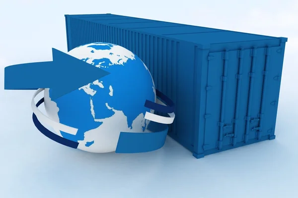 Beyaz arka plan üzerinde dünya ile konteyner — Stok fotoğraf