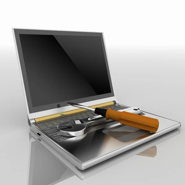 Ilustración 3d de portátil con destornillador y llave inglesa — Foto de Stock