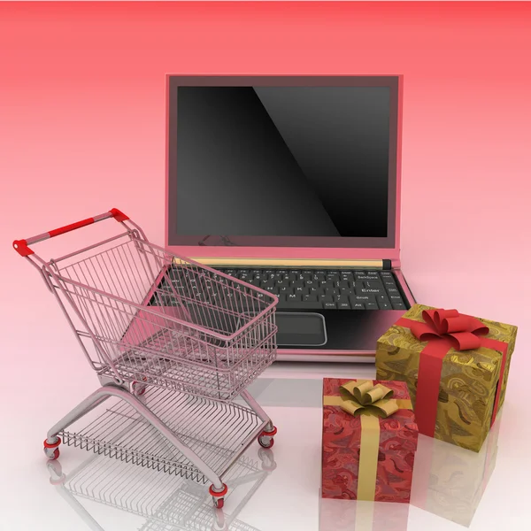 Einkaufswagen und Laptop — Stockfoto