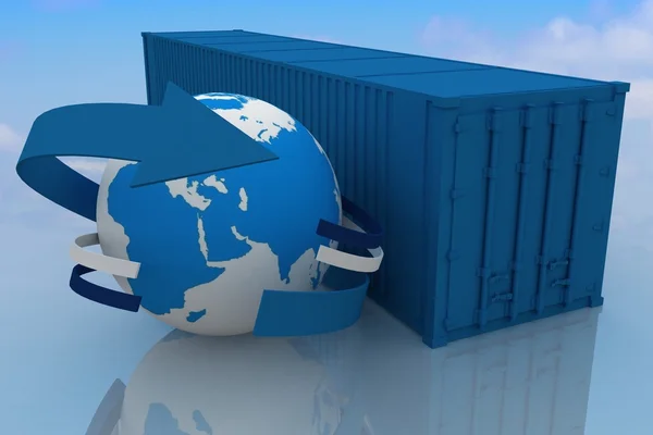 Container mit Globus auf Himmelshintergrund — Stockfoto