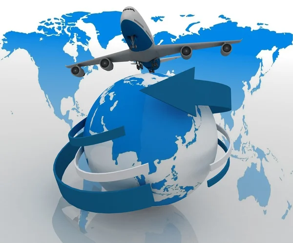 3d passenger jet airplane travels around the world — Stock Photo, Image