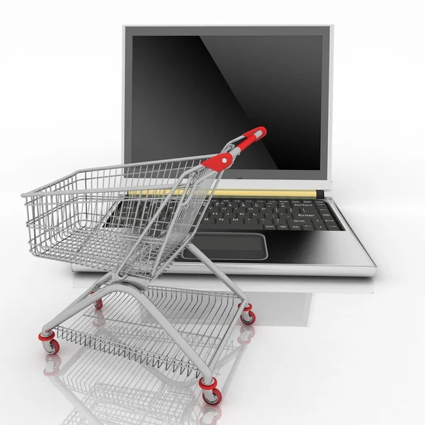 Shopping-cart och laptop isolerade — Stockfoto
