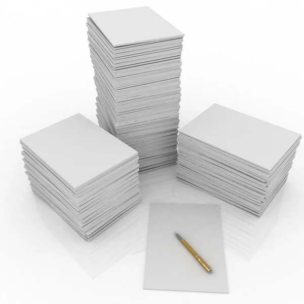 Grote stapel papier en pen op witte achtergrond — Stockfoto