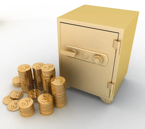 Cassetta di sicurezza in oro chiuso con dollari su sfondo bianco — Foto Stock