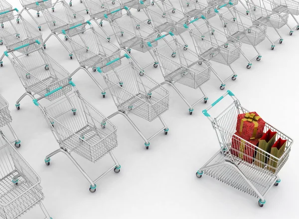 Viele Einkaufswagen. 3D-Darstellung. — Stockfoto