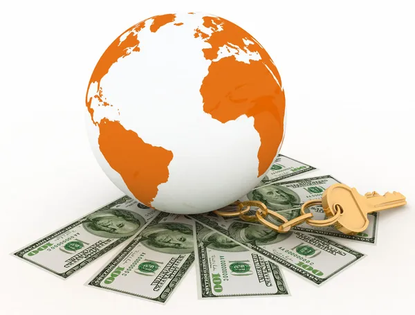Παγκόσμια και μετρητά χρήματα, τον κόσμο της χρηματοδότησης. 3D τετηγμένα εικονογράφηση. — Φωτογραφία Αρχείου