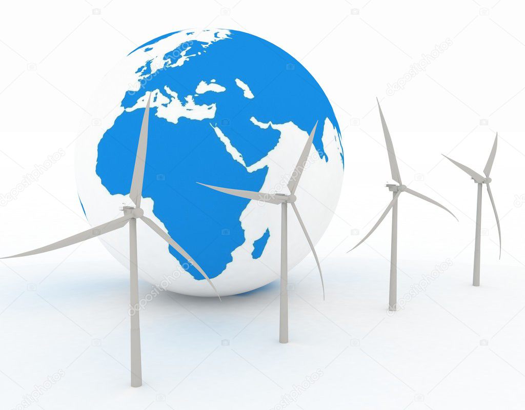 Wind turbines and earth, isolated on white background.
