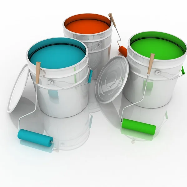 Open buckets with a paint and rollers — Stock Photo, Image