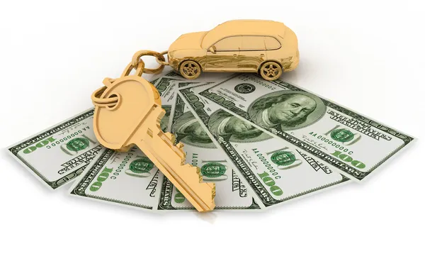 Trinket for the keys to the car and dollars on the white — Stock Photo, Image