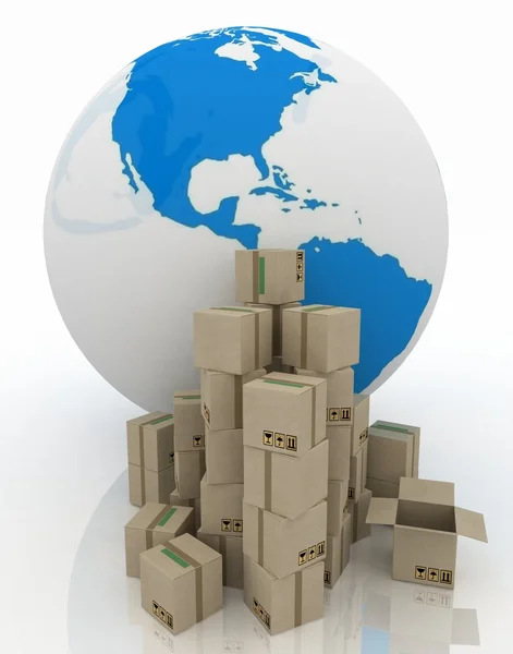 Världen med kartong lådor på en vit bakgrund — Stockfoto