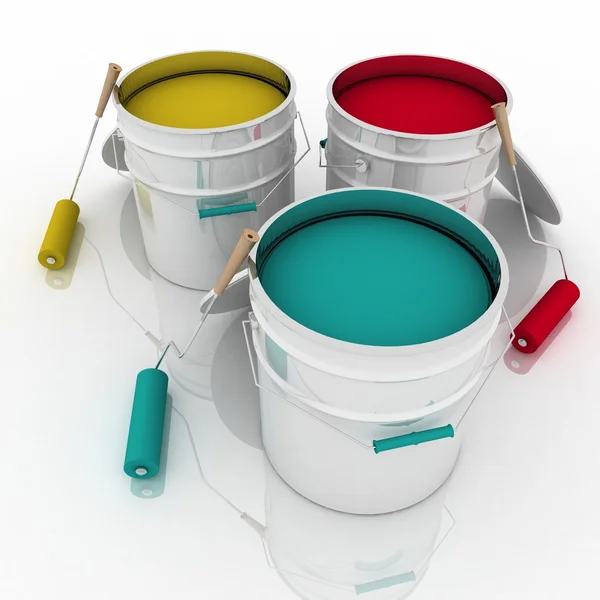 Otevřené kbelíky s malovat a válečky — Stock fotografie