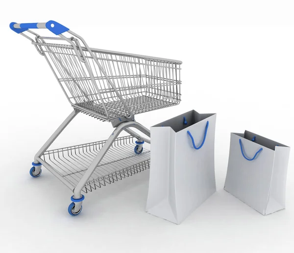 3d render carrinho de compras e sacos de compras — Fotografia de Stock