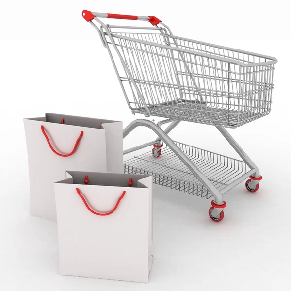 3d render shopping cart and shopping bags — Stock Photo, Image