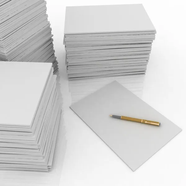 Grote stapel papier en pen op witte achtergrond — Stockfoto