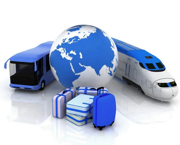 Verkehrsmittel mit Globus und Koffern — Stockfoto