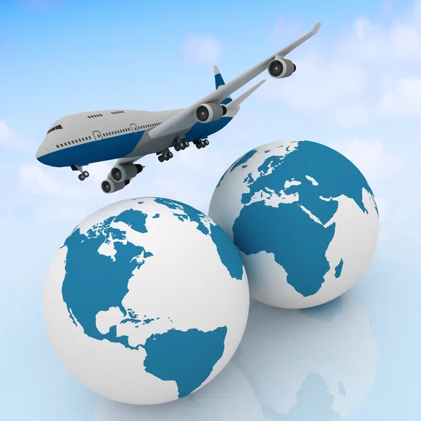 Airliner with two globe in the sky background — Stock Photo, Image