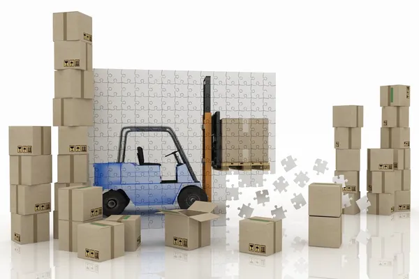 Bilden av loader på ett plan från pussel med last lådor — Stockfoto