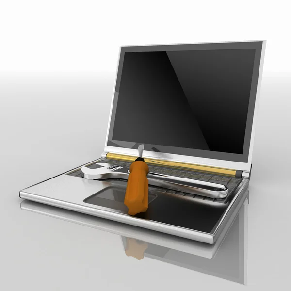 Ilustración 3d de portátil con destornillador y llave inglesa —  Fotos de Stock